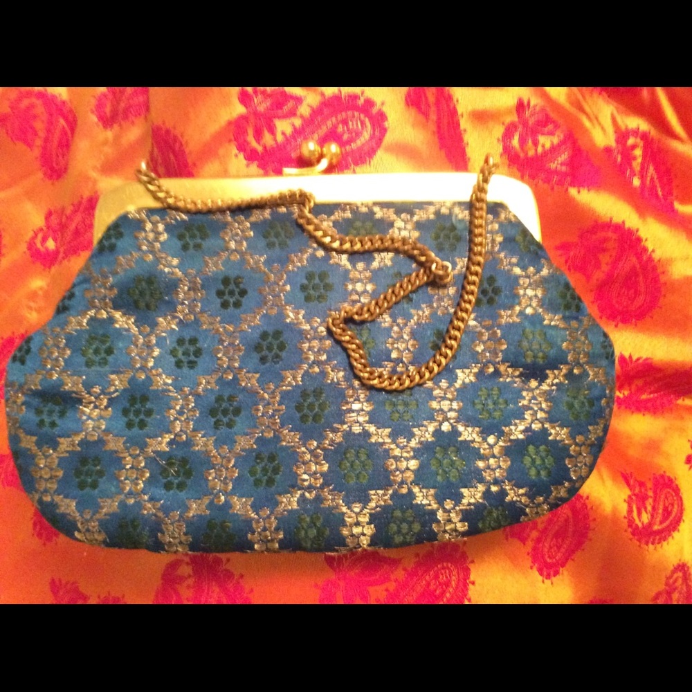 Satin brocade fabric bag w/chain pocket lined vtg relisted!